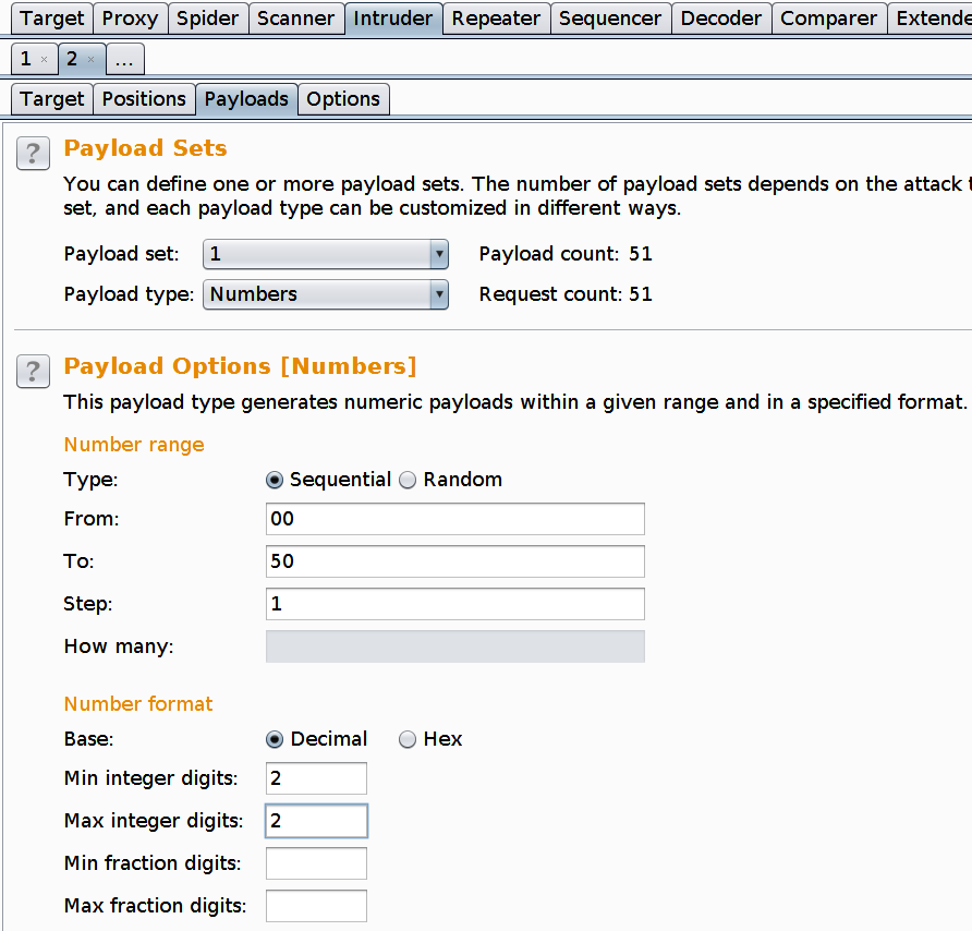 Burp suite intruder payload tab 2