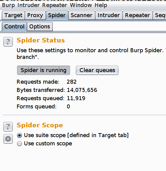 Burp suite spider control tab